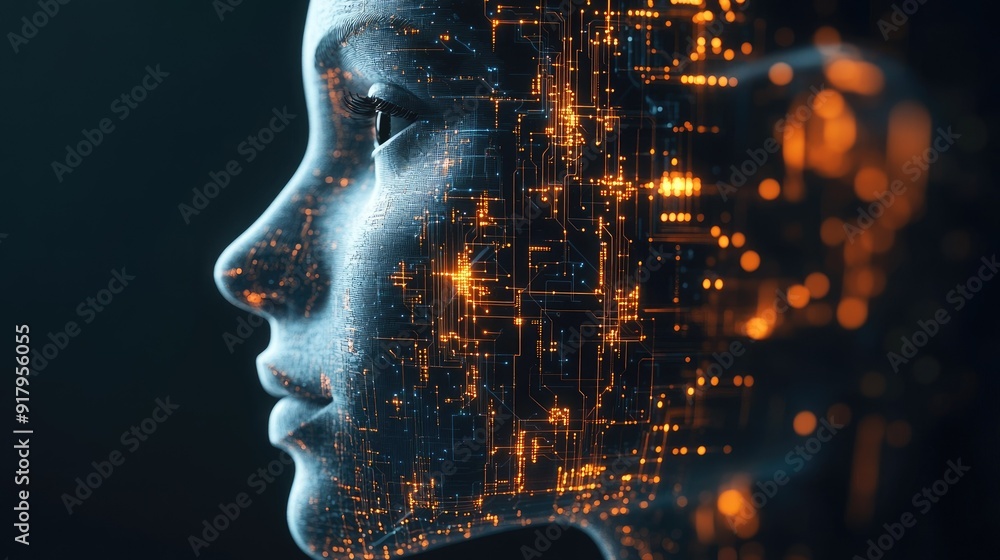 Poster ai circuitry intertwined with a human face in a 3d digital transformation concept. visual representa