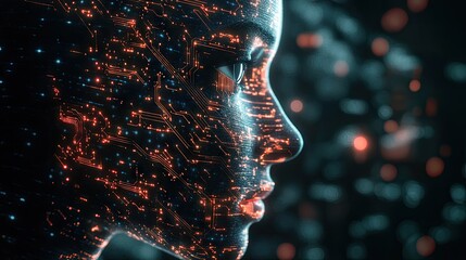 AI circuitry intertwined with a human face in a 3D digital transformation concept. Visual representation of artificial intelligence becoming part of human life.