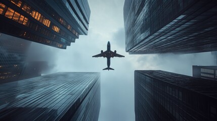 Fototapeta premium Airplane hovering highly in the sky over skyscrapers