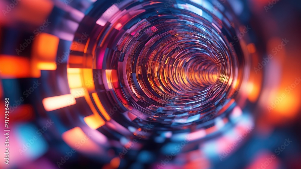 Poster an abstract 3d tunnel with vibrant colors and a sense of motion.
