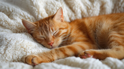 Fototapeta premium Ginger cat sleeping peacefully on a fluffy white blanket. The cozy and relaxed atmosphere highlights the comfort and warmth of the scene.