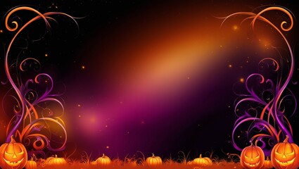 Halloween Spooky Nighttime Scene Horizontal Background. Haunted House Background. Pumpkins Background. Halloween party border. Halloween background