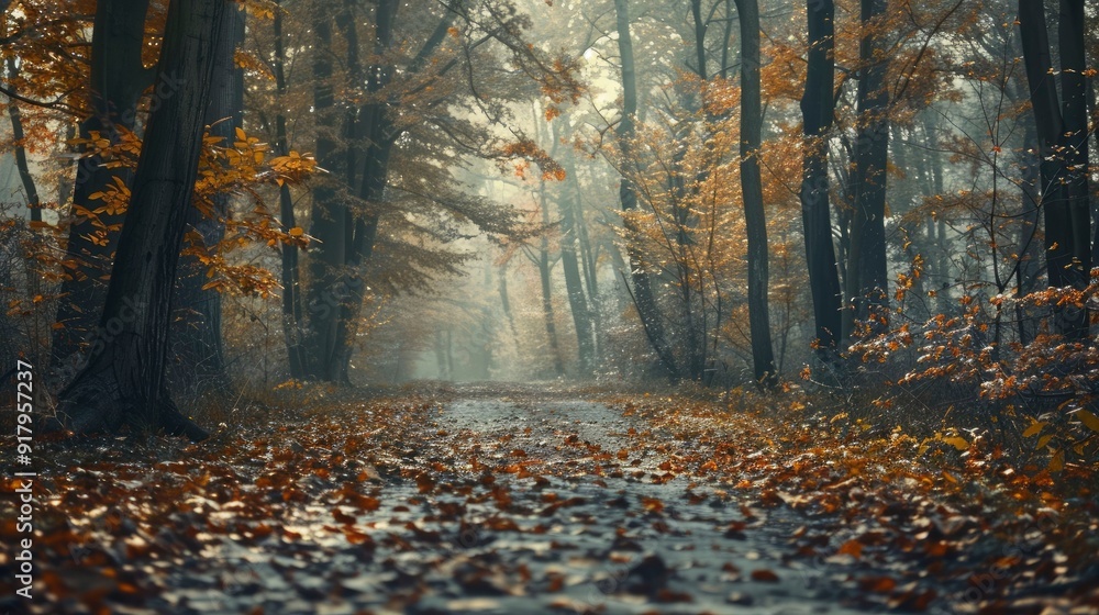 Poster A serene forest path covered in fallen autumn leaves.