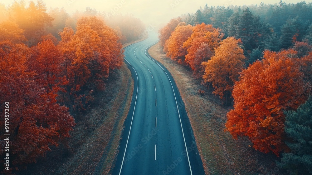 Poster a road with trees on both sides and a blue sky in the background