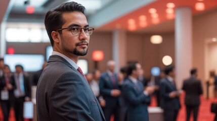 Fototapeta premium A bespectacled gentleman in sophisticated clothing surveys a crowded meeting space 