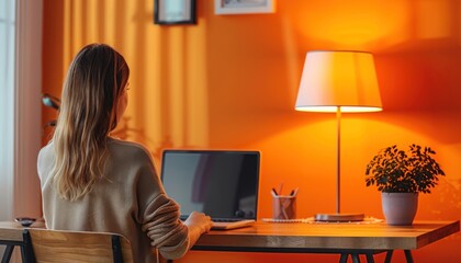 Young woman working from home office using laptop at night