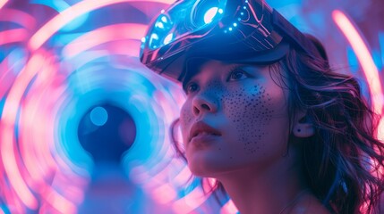Woman with vr headset in neon tunnel - generative ai