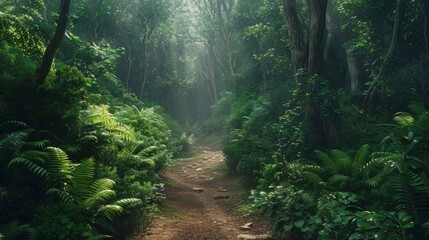 Obraz premium A serene forest path winding through dense greenery.