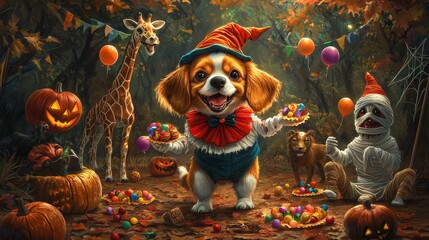 Fototapeta premium A happy dog as a clown, juggling Halloween
