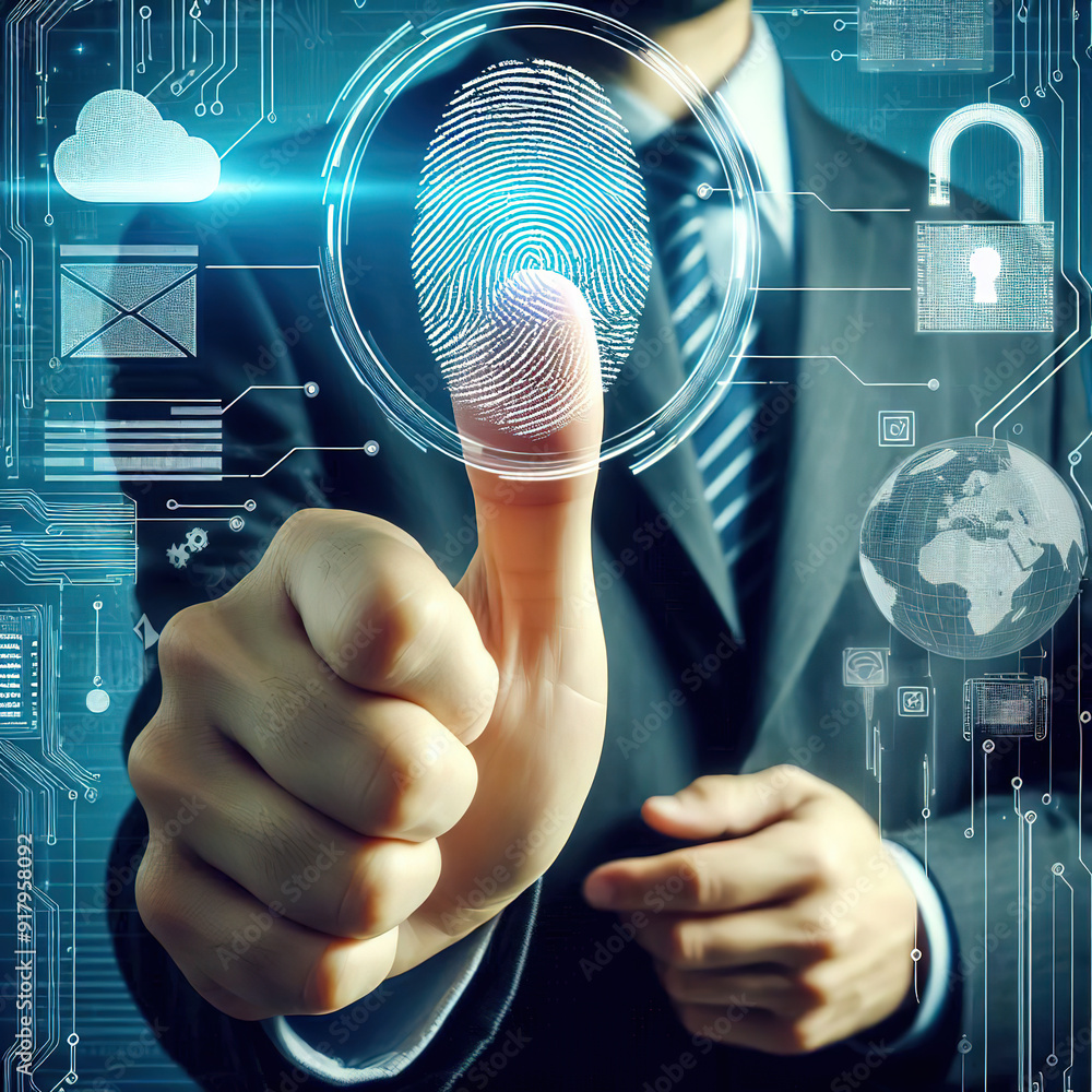 Poster man using thumb to scan finger print or for digital processing bio-metric identification to access s