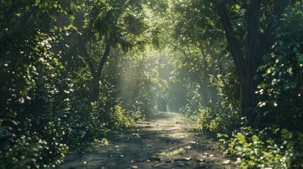 Obraz premium A serene forest path with sunlight filtering through the leaves.