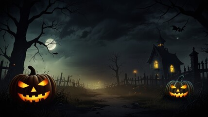 Fototapeta premium Halloween Spooky Nighttime Scene Horizontal Background. Haunted House Background. Pumpkins Background. Halloween party border. Halloween background