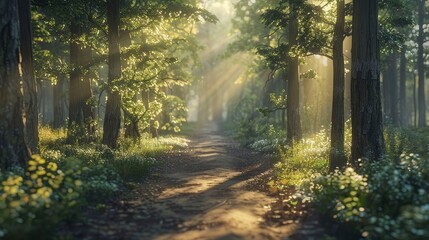 Naklejka premium A serene forest path with sunlight filtering through the trees.