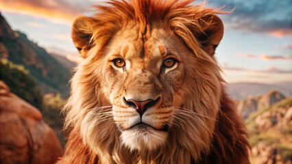 Naklejka premium portrait of a lion a close up headshot of a lion with a nature background