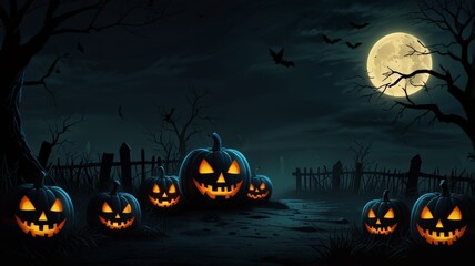 Fototapeta premium Halloween Spooky Nighttime Scene Horizontal Background. Haunted House Background. Pumpkins Background. Halloween party border. Halloween background