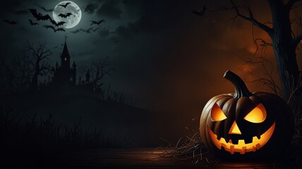 Fototapeta premium Halloween Spooky Nighttime Scene Horizontal Background. Haunted House Background. Pumpkins Background. Halloween party border. Halloween background