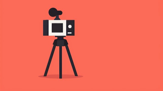 A simple video camera on a tripod, minimalist design, clean lines, 2D vector illustration, plain background