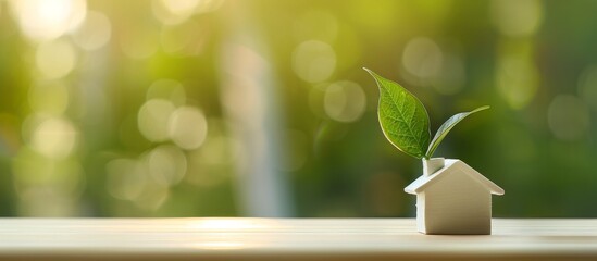 Greenhouse Model with Leaf on Wooden Table – Green Building Shape with Leaves, Energy Banner