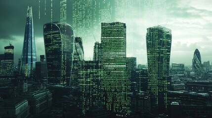 City of London view with with running green code numbers. Financial district skyline covered by digital connections