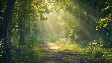 A serene forest path with sunlight streaming through the leaves.