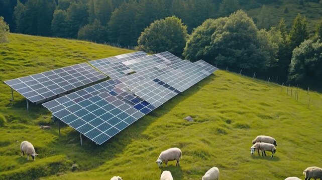 An aerial view of a lush grass field with sheep munching and solar panels. substitute energy source.