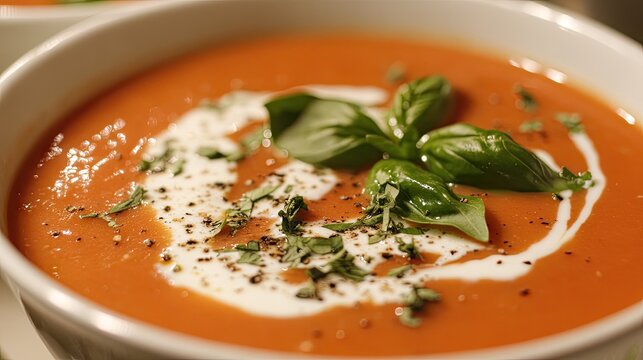Close-up of a bowl of creamy tomato bisque with a drizzle of cream and basil.