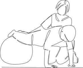 One continuous single drawing line art flat doodle child, person, care, female, woman, adult, horizontal, medicine, photography, recovery. Isolated image hand draw contour on a white background