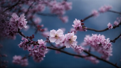 Obraz premium Cherry Blossoms in Bloom: A serene close-up of delicate pink cherry blossoms against a tranquil blue sky, capturing the ephemeral beauty of spring. 