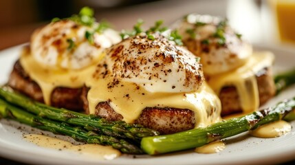 Close-up of a gourmet brunch plate with eggs Benedict, hollandaise sauce, and asparagus.
