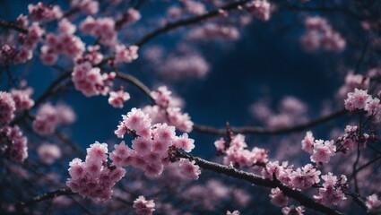 Cherry Blossom Dreams: A delicate cluster of pink cherry blossoms blooms against a deep blue sky, evoking a sense of tranquility and new beginnings. The soft focus and ethereal beauty create a dreamli
