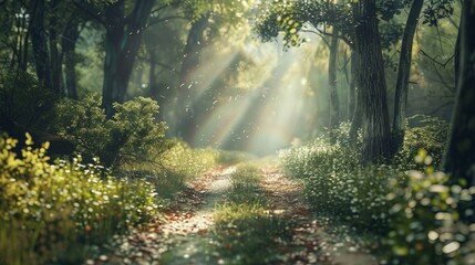 A serene forest path with sunlight filtering through the leaves.