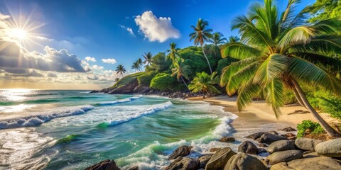 Sunny coastal scenery featuring a serene ocean, sparkling waves, and a stretch of sandy beach lined with lush green palm trees and shoreline rocks.