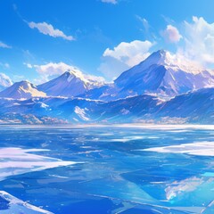 Enchanting Anime Winter Landscape: Serene Distant Mountains Embraced by Lush Vegetation, Masterful Sky with Purple-Orange Hues, Soothing Blue Snowy Scene. Artistic Capture of Nature's Tranquil Beauty 