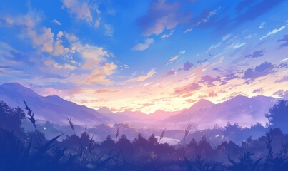 Obraz premium Enchanting Anime Winter Landscape: Serene Distant Mountains Embraced by Lush Vegetation, Masterful Sky with Purple-Orange Hues, Soothing Blue Snowy Scene. Artistic Capture of Nature's Tranquil Beauty 