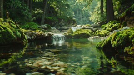 A serene forest stream with moss-covered rocks and crystal-clear water.