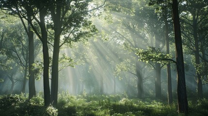 Fototapeta premium A serene forest with rays of sunlight filtering through the trees.