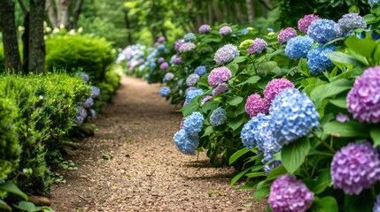 A serene garden path lined with blooming hydrangeas, their large, colorful flower heads creating a stunning and inviting display