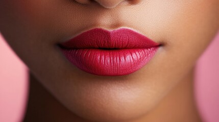 Fototapeta premium Close-up of a woman's lips wearing ombre lipstick, blending from red to pink.