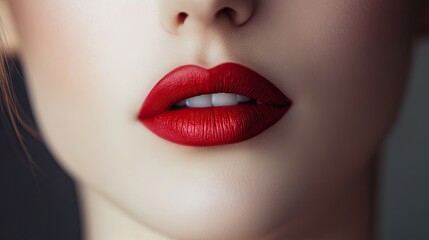 Fototapeta premium Close-up of a woman's lips with a classic red lipstick, paired with flawless makeup.