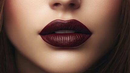 Fototapeta premium Close-up of a woman's lips with a deep burgundy lipstick, highlighting the rich color.