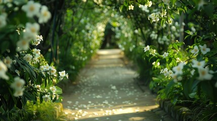 A serene garden path lined with blooming jasmine, their delicate, star-shaped flowers and intoxicating fragrance creating a calming and enchanting atmosphere