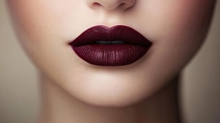 Fototapeta premium Close-up of a woman's lips with a deep burgundy lipstick, highlighting the rich color.