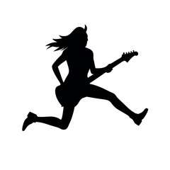 a Rockstar female singer jumping with guitar vector silhouette, isolated white background
