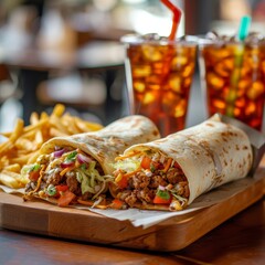 Delicious Chicken Drum Roll and Chicken Wings with french Fries and Soft Drinks