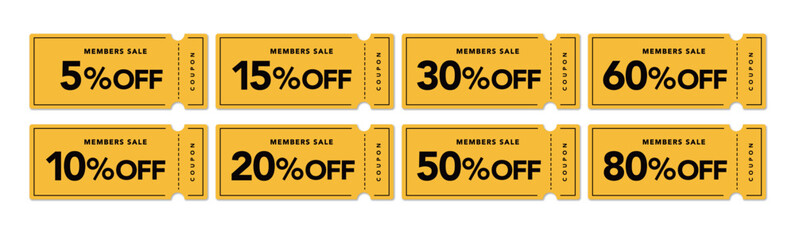 メンバーセールに使えるポップな黄色と黒のクーポンベクターアイコンセット（割引率別）