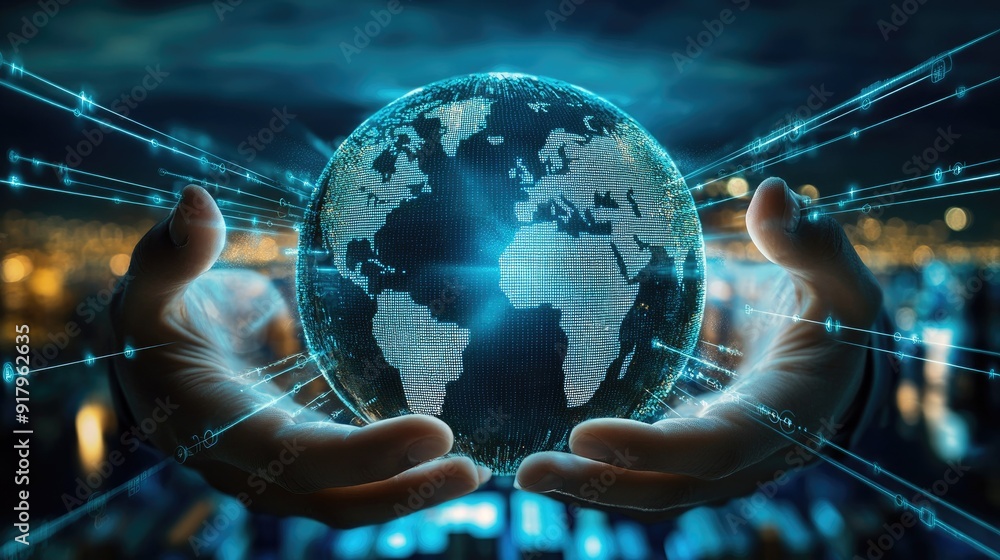 Poster double of engineer point to globe simulation with line connect to country with transportation shipme