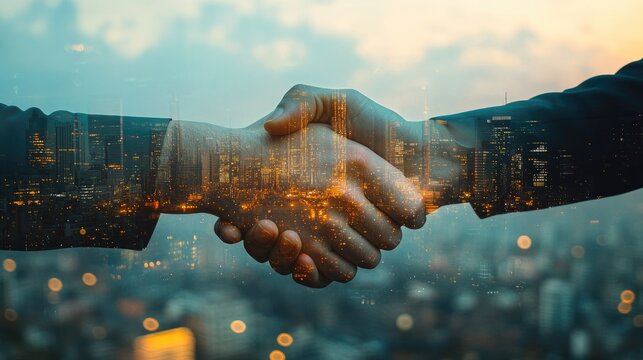 Double exposure of handshake and city -