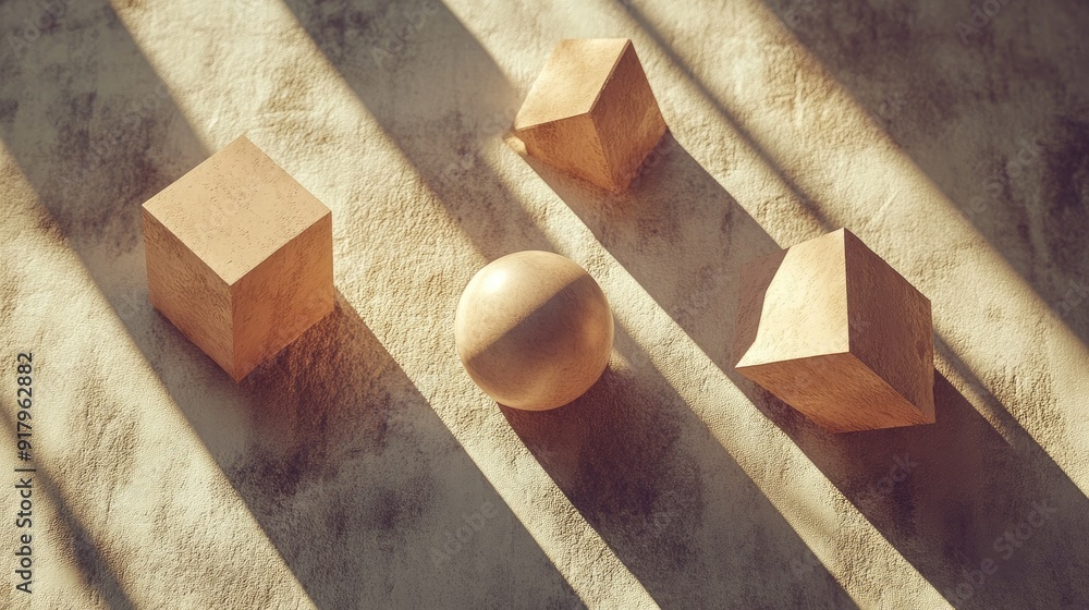 Aufkleber floating 3d geometric shapes casting shadows on a textured surface.