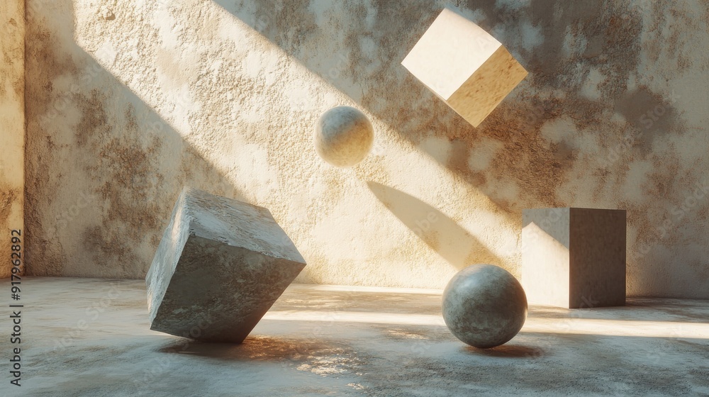 Aufkleber floating 3d geometric shapes casting shadows on a textured surface.