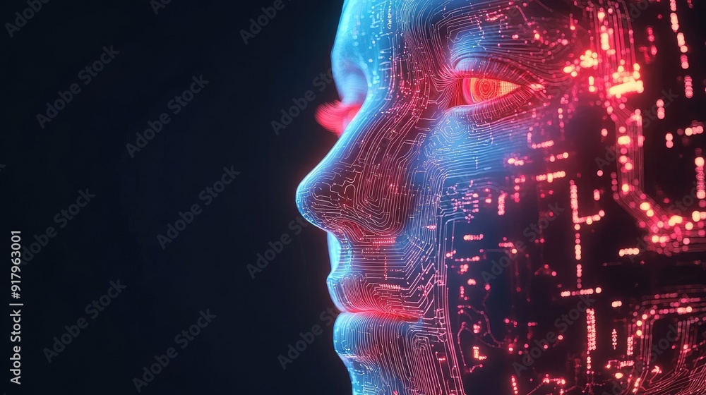 Poster futuristic 3d illustration of a human face with embedded ai circuitry. concept of digital transforma